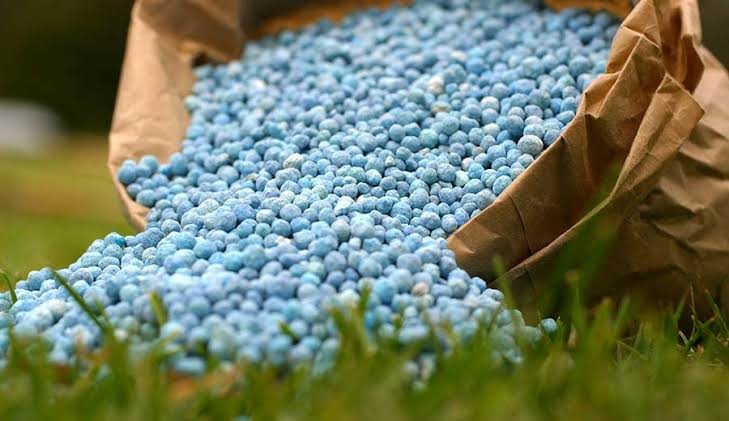 Fertilizer granules pouring from a sack